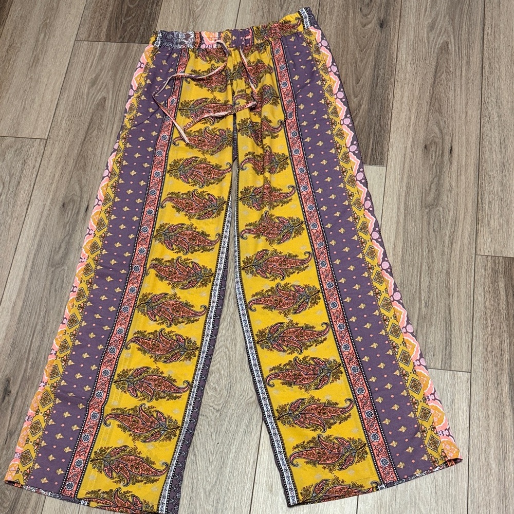 Floerns NWOT M Boho Wide-Leg LIGHTWEIGHT BEACH Pants Yellow Purple orange
